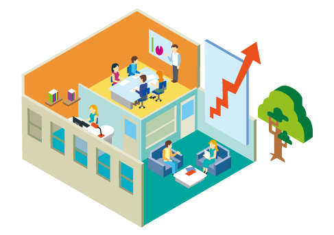 Ilustración de una oficina con personas en reuniones y una línea de rendimiento hacia arriba
