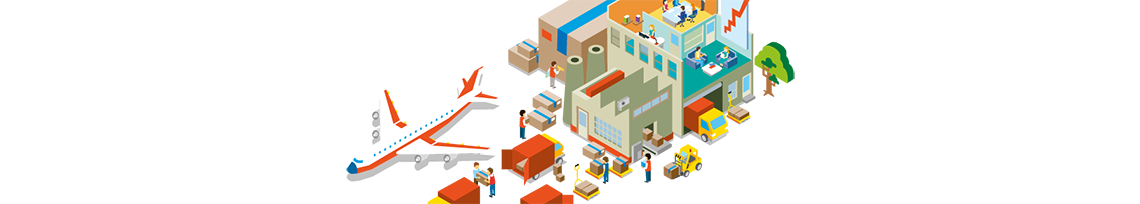Ilustración de una ciudad con aeropuerto vehículos y un avión para el programa de Ingeniería Industrial Universidad de Ibagué